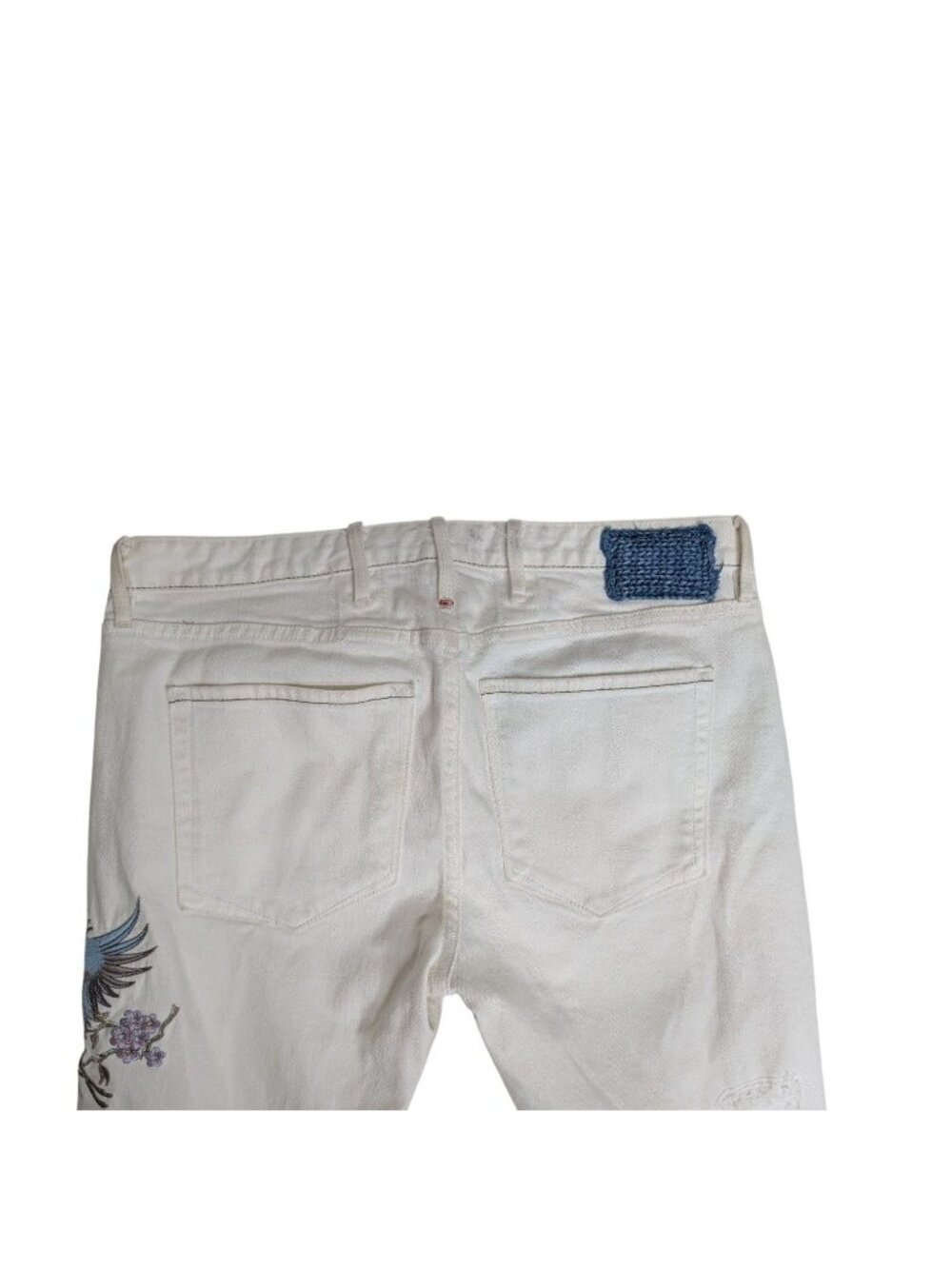 Tortoise White Selvedge Embroidered Bird Distressed Jeans Womens Y2K Grunge Butt - Picture 15 of 15